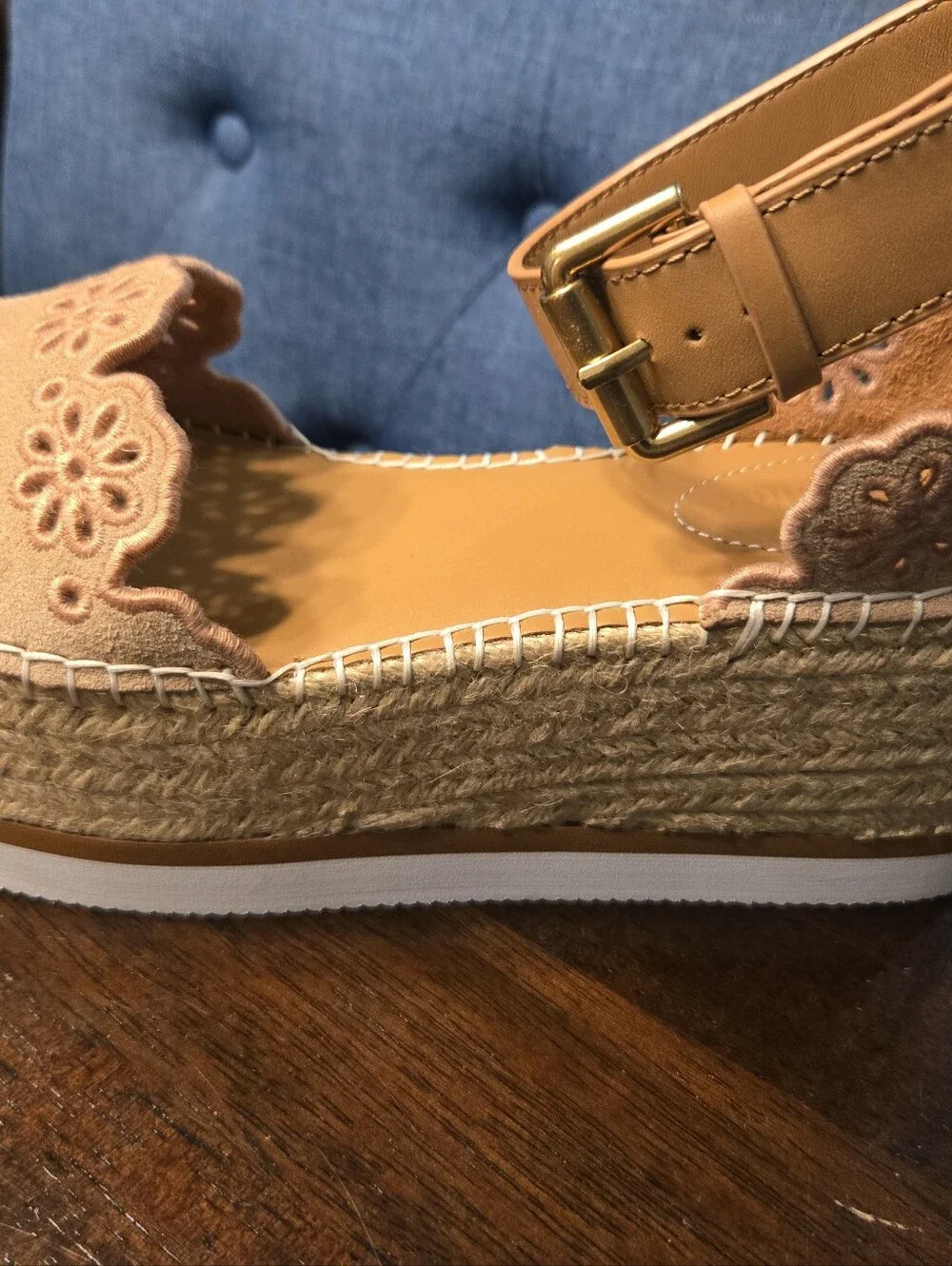 Tan Floral Embroidered Espadrille Sandals - See By Chloe Size 38 Fits 7.5-8